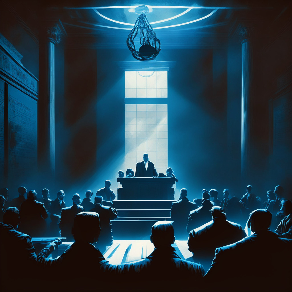 Cryptocurrency regulation conflict, shadowy courtroom, intense spotlight, chiaroscuro lighting, SEC firmly grasping a gavel, cryptocurrency leaders shielding innovation, tug-of-war, dramatic atmosphere, contrasting light and darkness, hues of blue and gray, tension-filled scene, balance at stake.