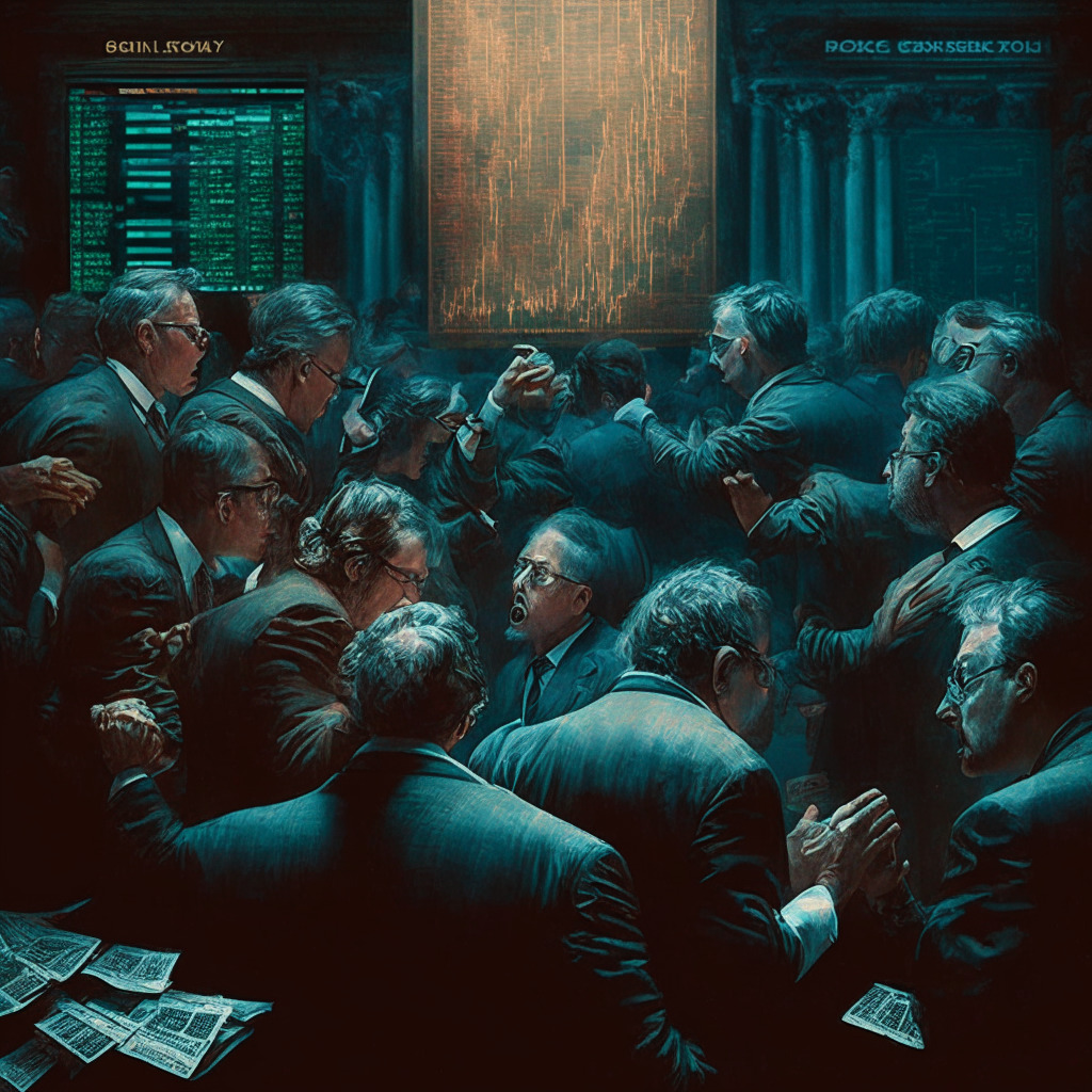 Intricate stock market scene, cryptos being exchanged, diving CEX graph, rising DEX graph, former SEC official issuing warning, tense atmosphere, cybersecurity breaches, chiaroscuro lighting, Baroque style, uncertain mood, desire for transparency and compliance.