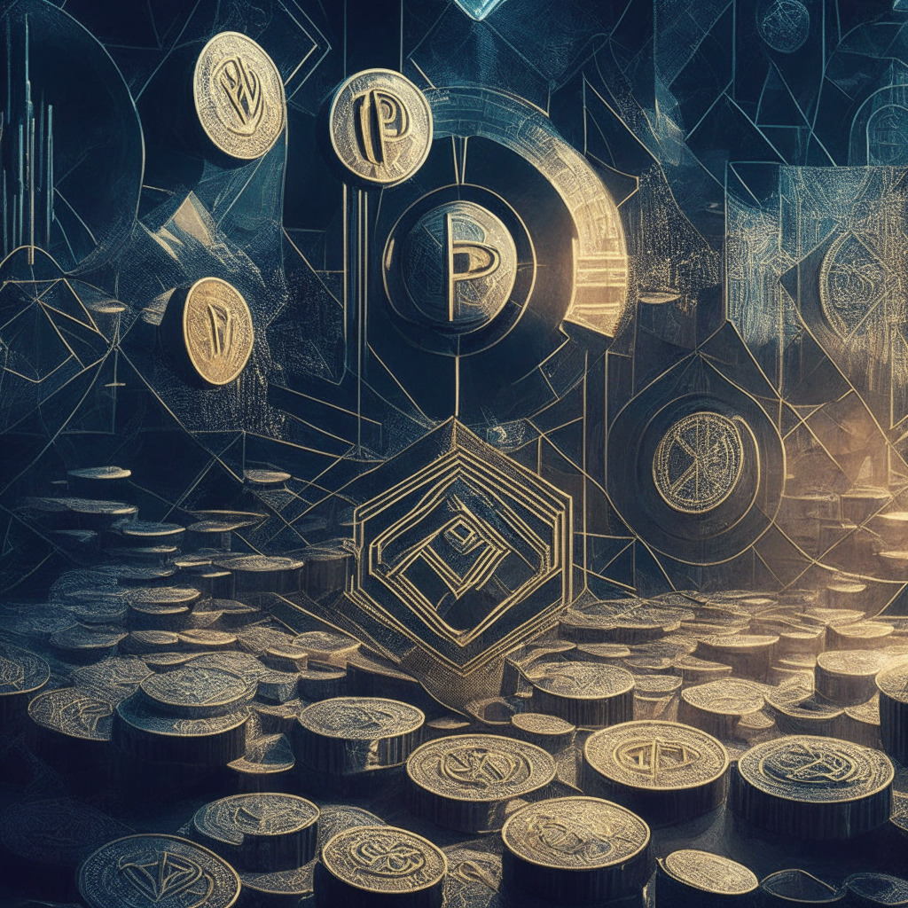 Cryptocurrency regulatory focus landscape: PoS coins under SEC scrutiny, PoW coins evading legal action, perplexing authorities' choices, contrasting network security methods (PoW energy-intensive, PoS collateral-based). Artistic style: Futuristic, geometric patterns, multiple currencies. Light setting: Cool tones, metallic sheen. Mood: Intrigue, uncertainty, anticipation.