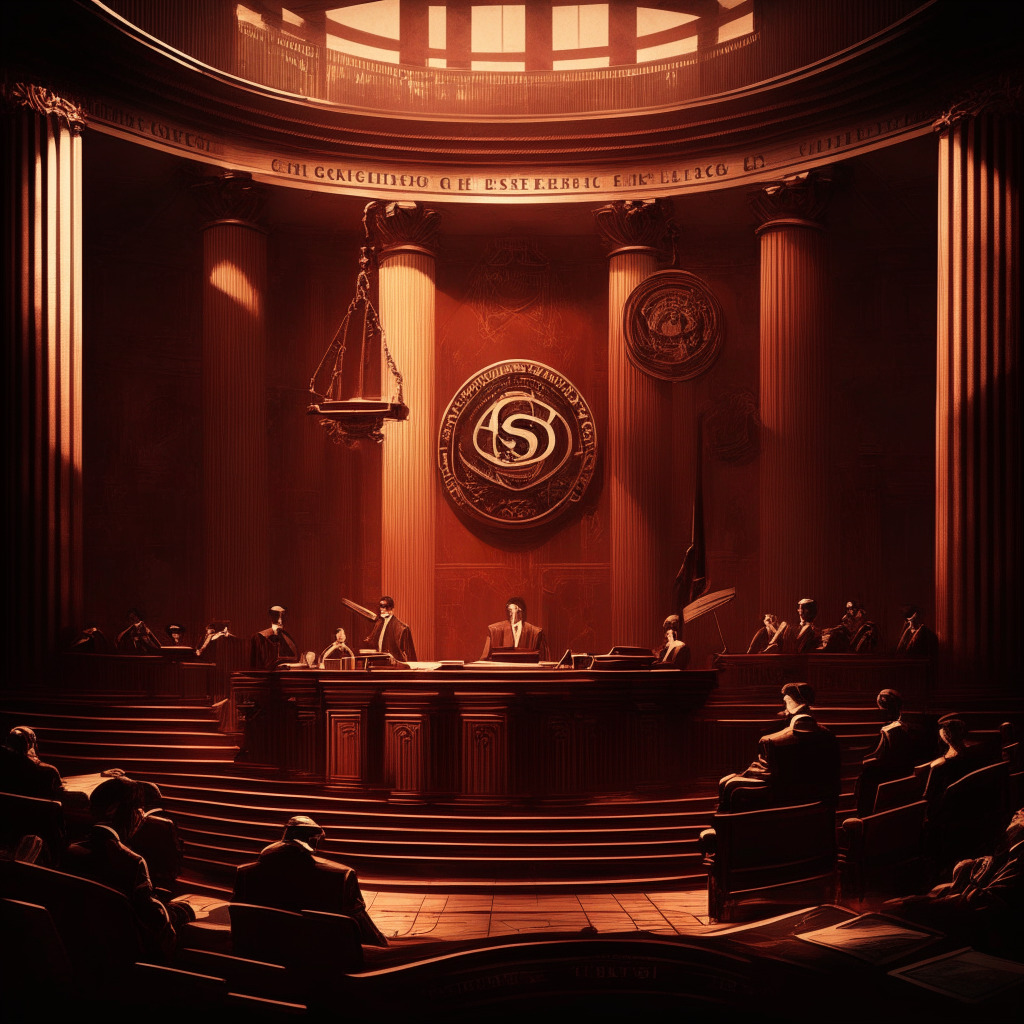 Intricate courtroom with judge and lawyers, SEC logo subtly displayed, tense atmosphere, dramatic lighting casting shadows, a blend of modern and baroque style, somber mood, monochromatic color scheme with hints of red, Binance.US and cryptocurrency symbols subtly interwoven, balance scales tipping to emphasize regulatory uncertainty.