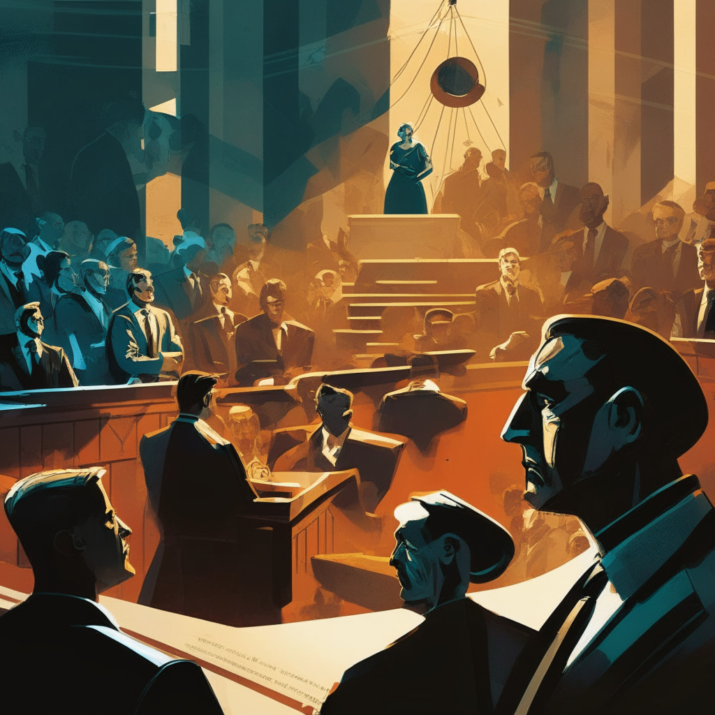 Dramatic courtroom scene, contrasting light & shadows, intense expressions on faces, SEC officials confronting crypto exchange CEO, balance scale symbolizing justice, background with divided crowd supporting innovation & regulation, tense atmosphere, hint of cubist art style.