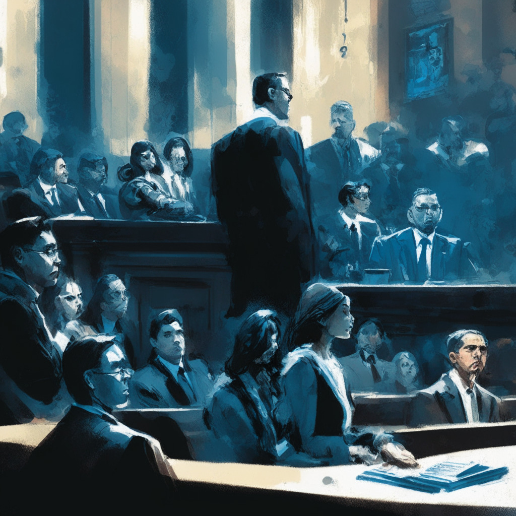 Intricate courtroom scene, diverse group of people representing Binance and SEC, tension in the air, balanced scale symbolizing justice, abstract crypto-related elements, chiaroscuro lighting, color palette of blues and greys, mood of apprehension and uncertainty, contrasting themes of regulation and innovation, textured brushstrokes, focus on an undecided outcome.