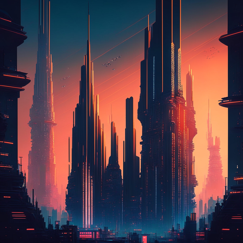 Intricate digital cityscape, various crypto tokens represented as towering structures, diverse architectural styles, twilight ambience, warm vs cool colors symbolizing cooperation vs regulation, SEC building overseeing city, futuristic aesthetic, calm yet dynamic mood.