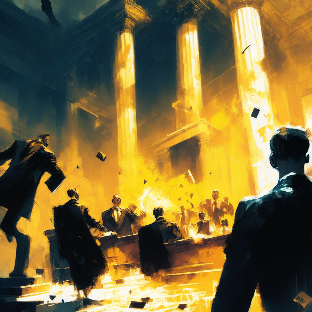 Cryptocurrency chaos, gavel striking down, serene courthouse background, shadowed figures, Binance CEO and SEC in profile view, tense atmosphere, somber color palette, expressive brushstrokes, golden scales of justice tipped, domino effect of falling altcoins, infusion of light and dark, mood of uncertainty and anticipation.