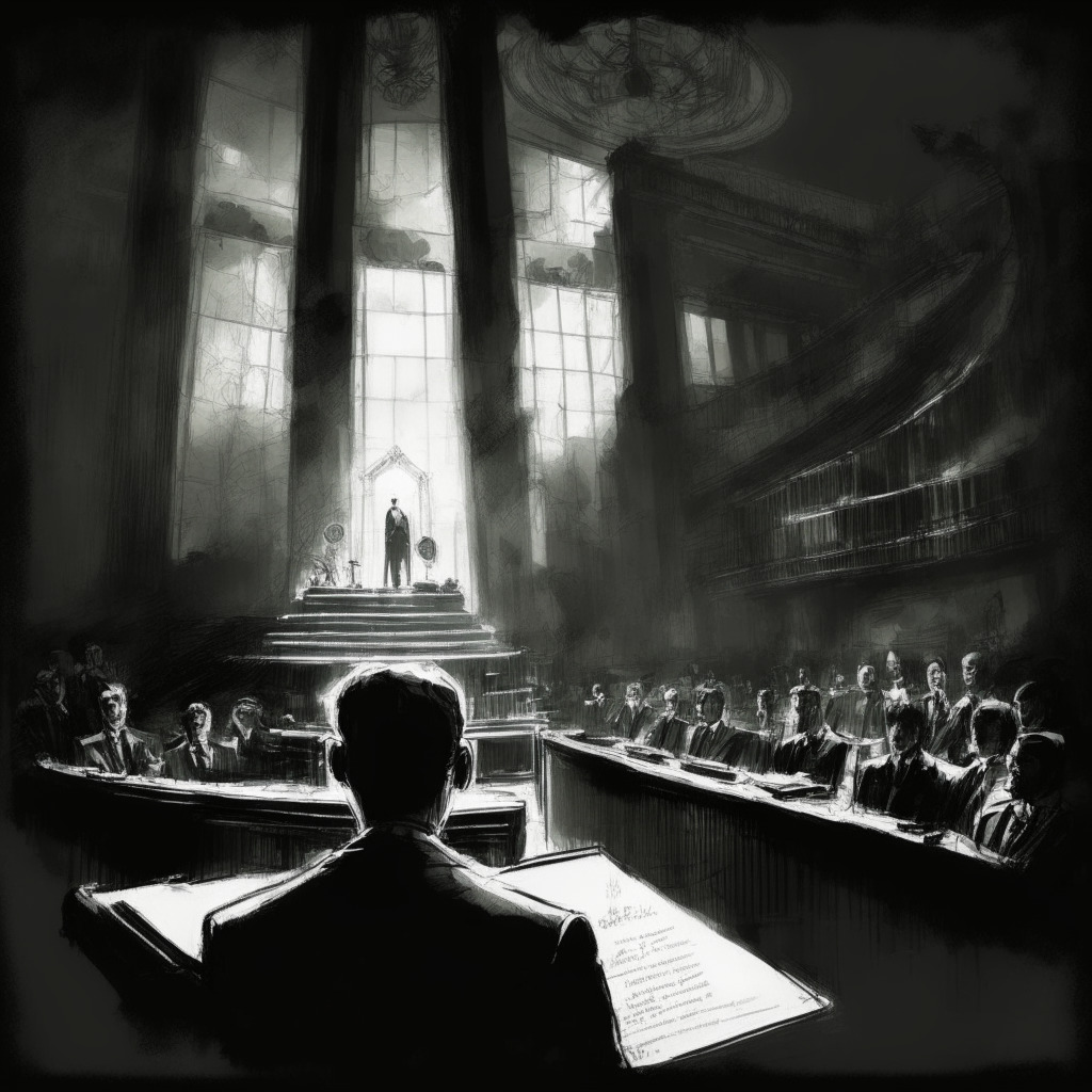 Intricate courtroom sketch, SEC lawsuit against major cryptocurrency exchange, CEO in spotlight, dark shadows, somber atmosphere, balance scale symbolizing regulation and innovation, background depicting uncertain crypto market, gloomy ambiance with a glimmer of hope, 350 characters limit.