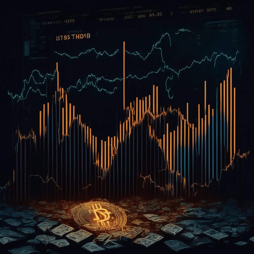 Cryptocurrency turmoil, SEC lawsuit, dimly lit scene, somber mood, artistic chiaroscuro, centralized figures of regulators, Binance exchange under scrutiny, concerned investors, looming uncertainty, Fibonacci retracement levels, contrasting RSI and MACD indicators, representation of Bitcoin holding on the edge, shifting market dynamics, market decline captured in downward strokes, presale tokens as glimmers of hope.