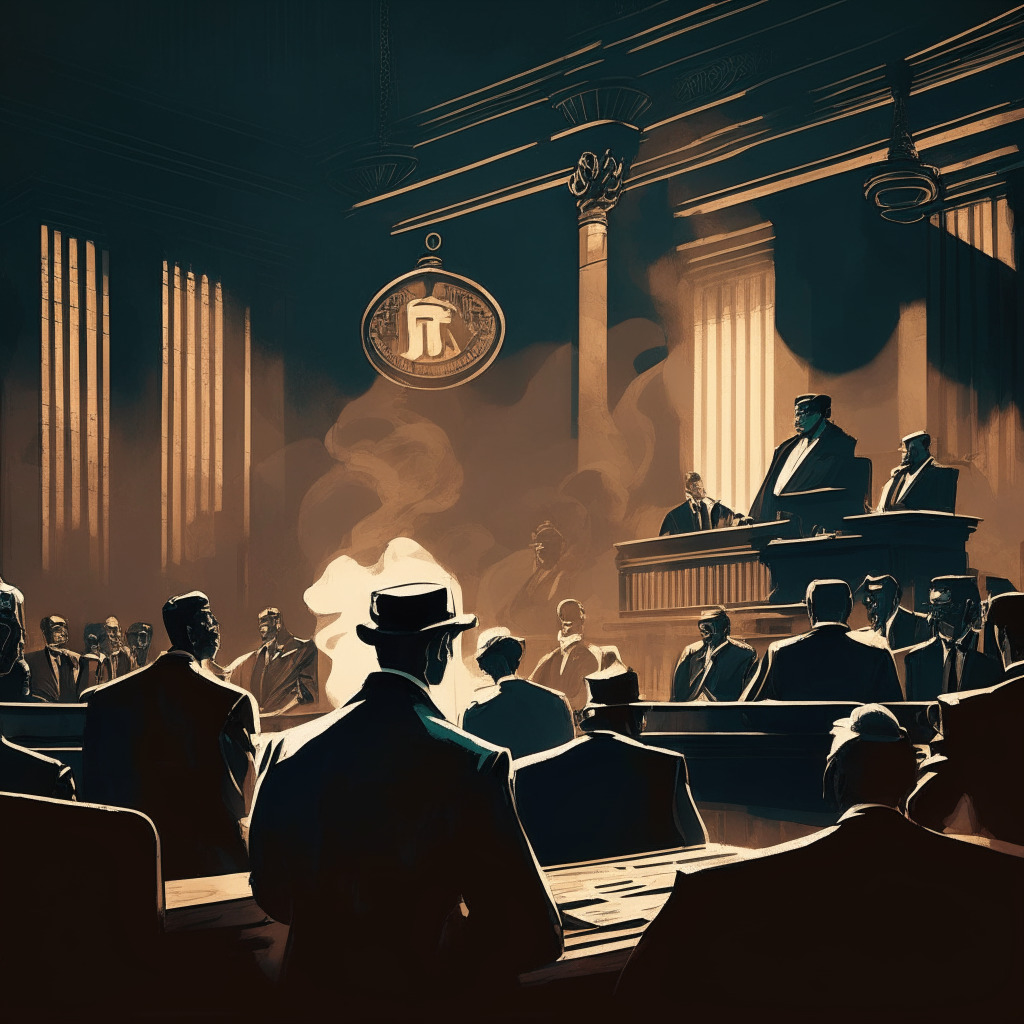 Intricate courtroom scene, subdued lighting, intense atmosphere, crypto CEO in the witness stand, SEC lawyers grilling, onlookers displaying mixed emotions, shadowy figures representing looming regulations, artistic Art Deco style, hints of uncertainty encompassing the crypto market.