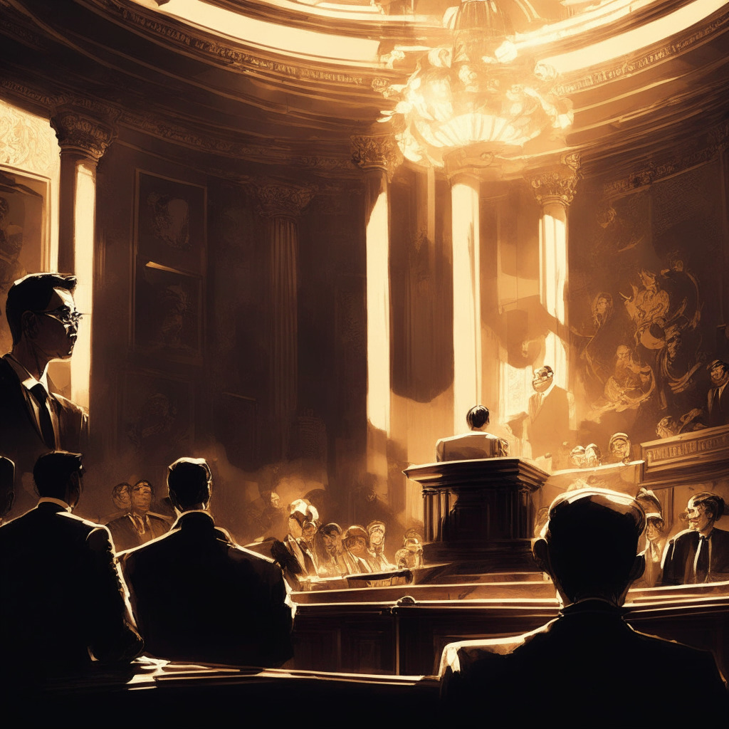 Intricate courtroom scene, tension in the air, SEC representatives and Binance.US CEO Changpeng Zhao, dramatic light casting shadows, Baroque painting style, subtle crypto symbols in the background, mood of uncertainty, question marks hovering, scales of justice tipped towards regulation or innovation.