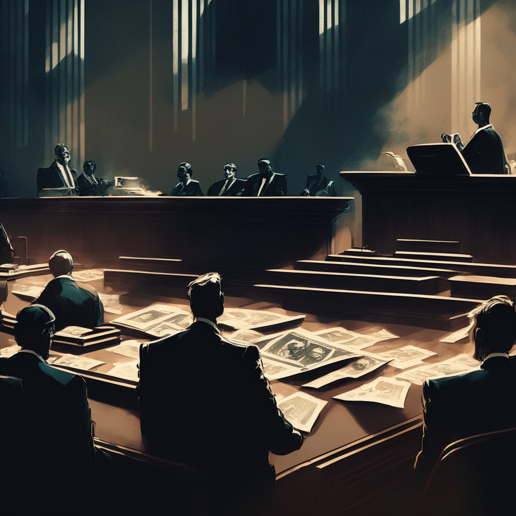 Cryptocurrency exchange courtroom scene, SEC lawyer and Binance.US CEO, scales of justice, intense debate, contrasting light and shadows, tension with a touch of contemporary noir style, complex organic textures, muted color palette, uncertain atmosphere, underlying theme of trust and regulation.