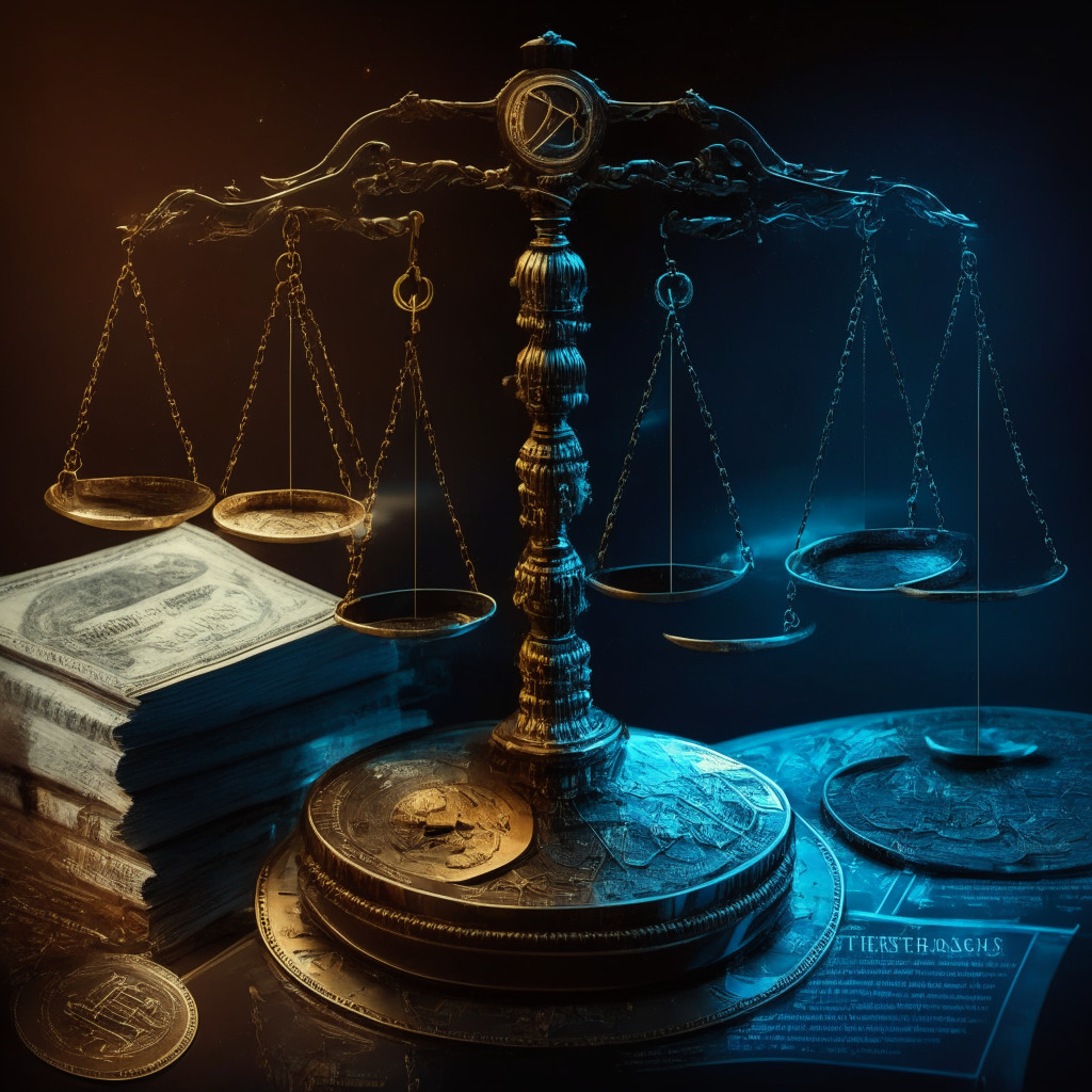 Cryptocurrency exchange standoff, SEC lawsuit, compliance vs innovation, chiaroscuro lighting, somber mood, allegorical style, legal documents and crypto coins, balanced scales of justice, uncertain future, contrasting worlds of traditional finance and digital assets, global map showing varied regulations.