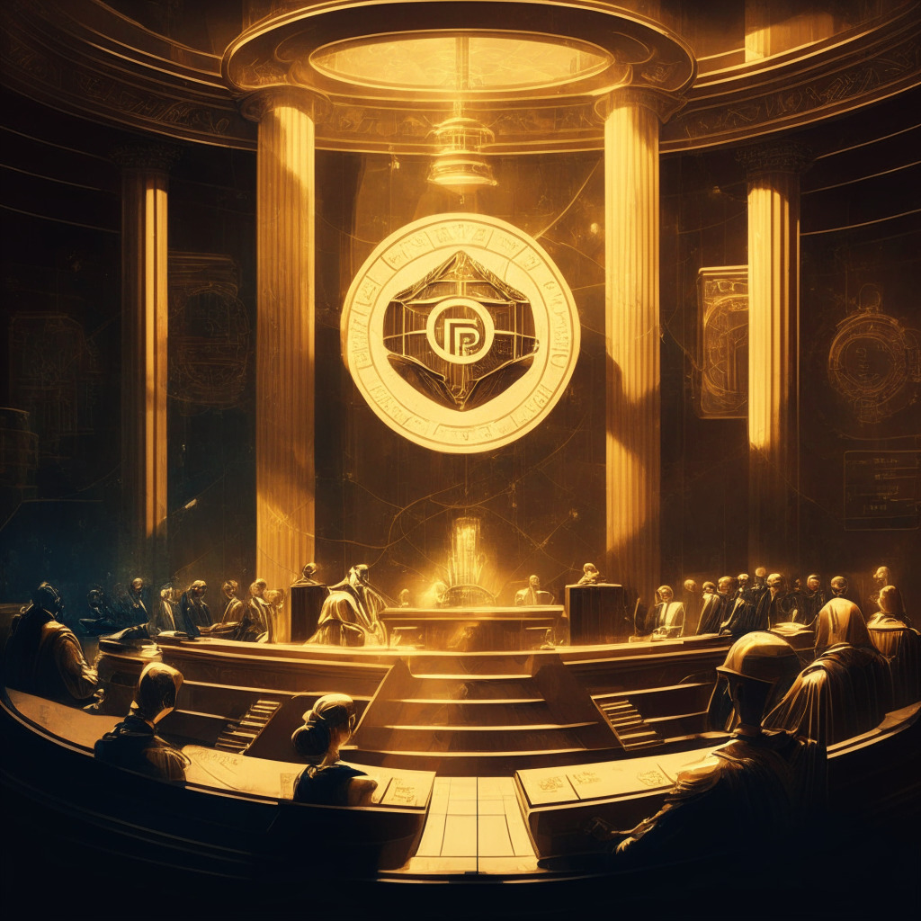Intricate courtroom scene, balance scale with innovation and regulation, subtle golden light, Renaissance artistic style, tense mood, crypto exchange and SEC officials in dialogue, futuristic currency symbols faintly overlaying background.