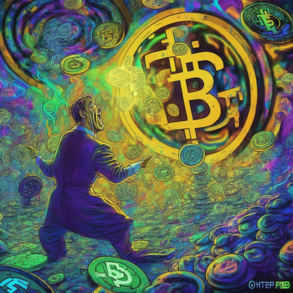 Turbulent crypto market scene: memecoins rising, whimsical swirling colors, Gary Gensler watching, Pepe coin struggling with a 1.4 risk-reward structure, yPredict.ai logo as a guiding light, traders relying on AI-driven tools, dynamic light setting, mood of cautious optimism.