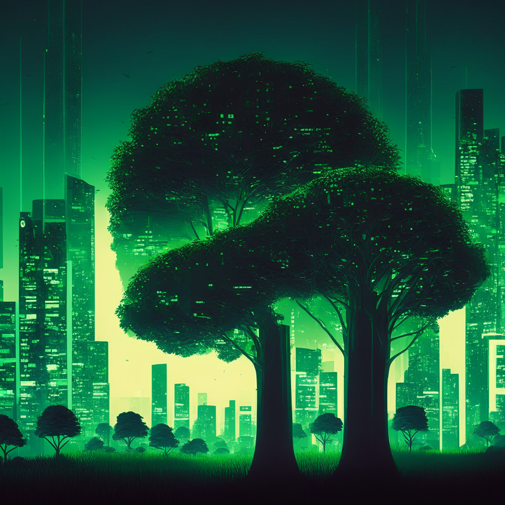 Twilight cityscape, blockchain nodes merging into trees, futuristic art style, soft glow from device screens, concerned traders, contrast of light & shadow, mood of uncertainty & hope. Central, a green emblem symbolizing sustainability, figures recycling & investing in eco-friendly projects.