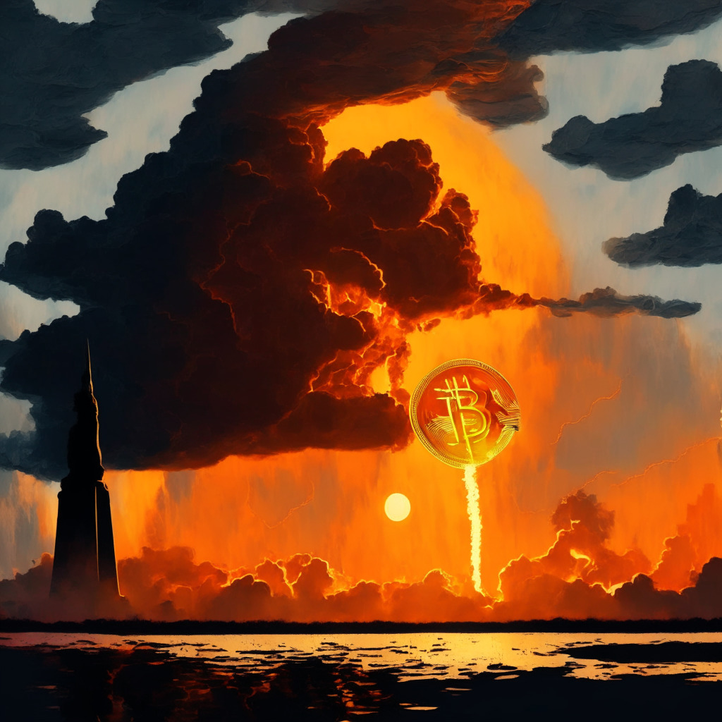 Legal battle, cryptocurrency exchanges, SEC lawsuits, moody sky, fiery sunset, legal scales balanced on a network of connected coins, Binance & Coinbase on opposite sides, silhouette of Congress, Monet-style brush strokes, contrasting highlights & shadows, dramatic atmosphere, uncertainty looms.