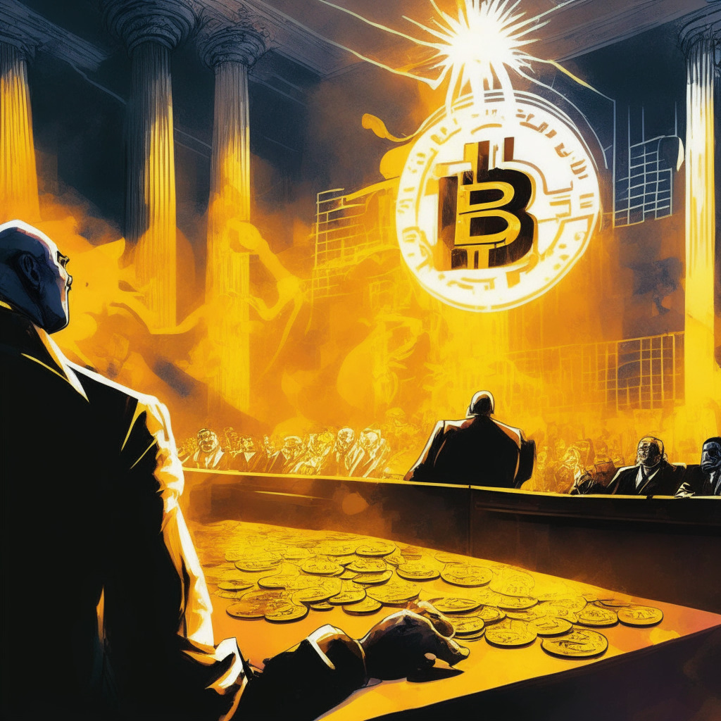 Dramatic courtroom scene, Binance & Coinbase logos as key players, smirking skeptic (Jim Cramer) in background, contrasting light & shadows, intense mood, abstract crypto symbols swirling around, hints of victory & defeat, vibrant colors implying energy, uncertainty lingers in the air.