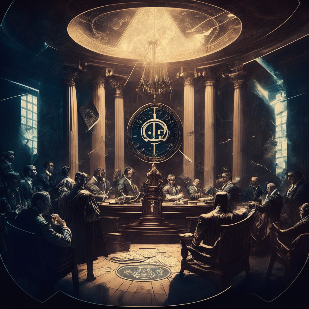 Intricate courtroom scene with judges, lawyers, and crypto symbols, Baroque style, chiaroscuro lighting, tension between order & chaos, uncertain mood, SEC & crypto exchange representatives debating passionately, contrasting vintage and futuristic elements, dollar and digital currency clash.