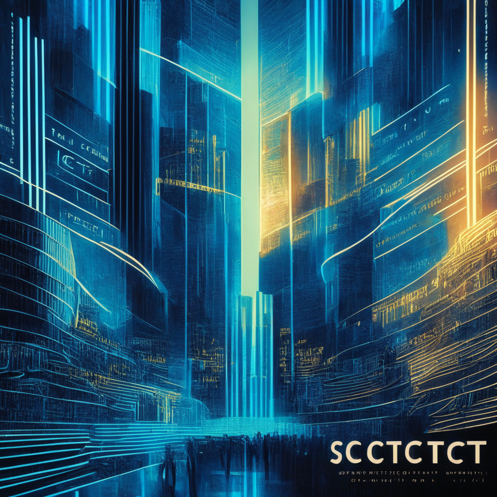 Cryptocurrency courtroom drama, radiant scales of justice, futuristic cityscape, SEC vs crypto exchanges text, contrasting colors reflecting tension, chiaroscuro lighting, optimistic & uncertain mood, abstract regulation symbol weaving through scene, balance between innovation & safety.