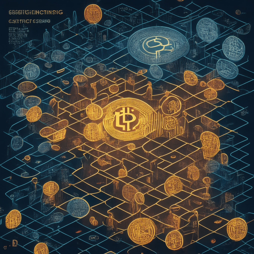 Intricate crypto exchange scene, tension between centralization and decentralization, regulators amidst digital coins and platforms, contrasting warm and cold light, chiaroscuro style, mood of uncertainty and anticipation, hint of optimism for future decentralization, 350 characters: Lawsuits against major crypto exchanges cast in contrasting light, regulators enforcing compliance, air of uncertainty, potential catalyst for decentralization, balance between surveillance & customer protection, transformation of the crypto landscape.