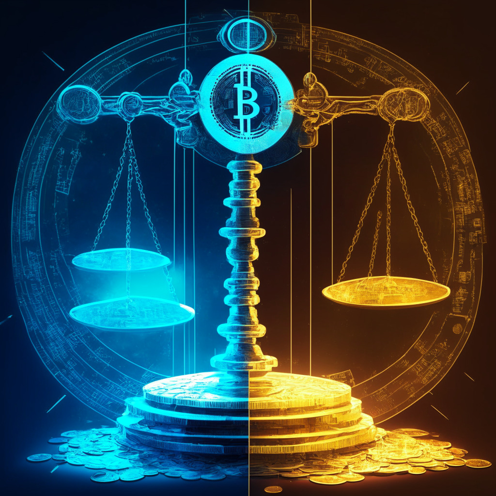 Cryptocurrency regulatory balance, SEC lawsuits vs. innovation, Third Circuit demands SEC response, Coinbase petition, light setting: analytical sunlight, artistic style: modern digital-art fusion, mood: tense yet progressive, growing market uncertainty, regulations shaping industry future, investor protection & trust, technological advances.