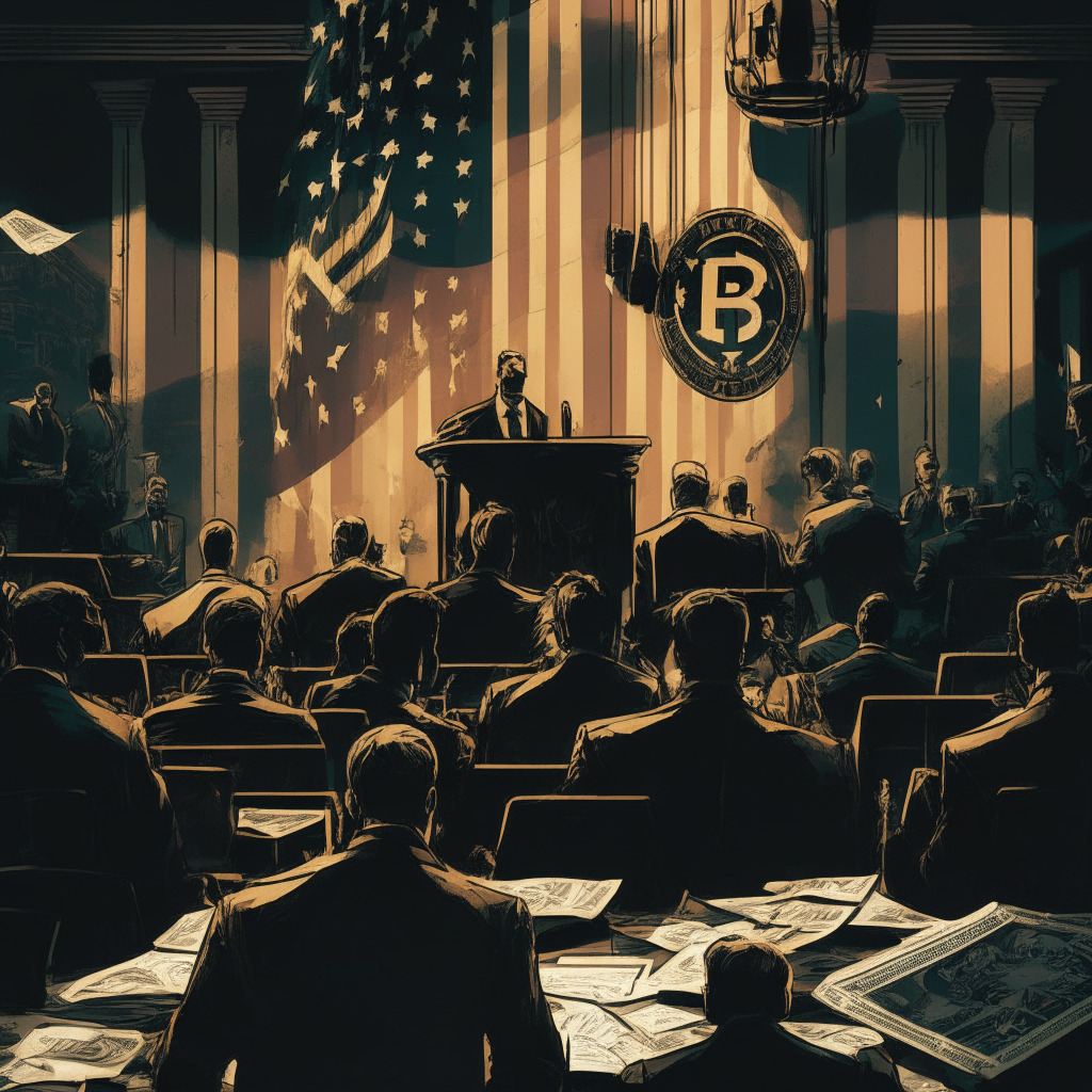 Crypto exchange chaos, artistic noir style, a dimly lit courtroom, tense nervous mood, shadowy figures, SEC lawyers vs Binance & Coinbase CEOs, faint Bitcoin symbol as a safe haven, tangled web of regulations overlay, U.S. flag subtly in the background, muted color palette reflecting uncertainty.