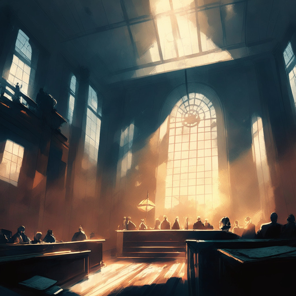 Gloomy courtroom scene, crypto tokens on trial, scaled justice balancing security and innovation, stormy sky above representing regulatory crackdown, contrasting rays of sunlight breaking through as hope for market resilience, impressionist style, warm and cool tones to depict the dual mood.
