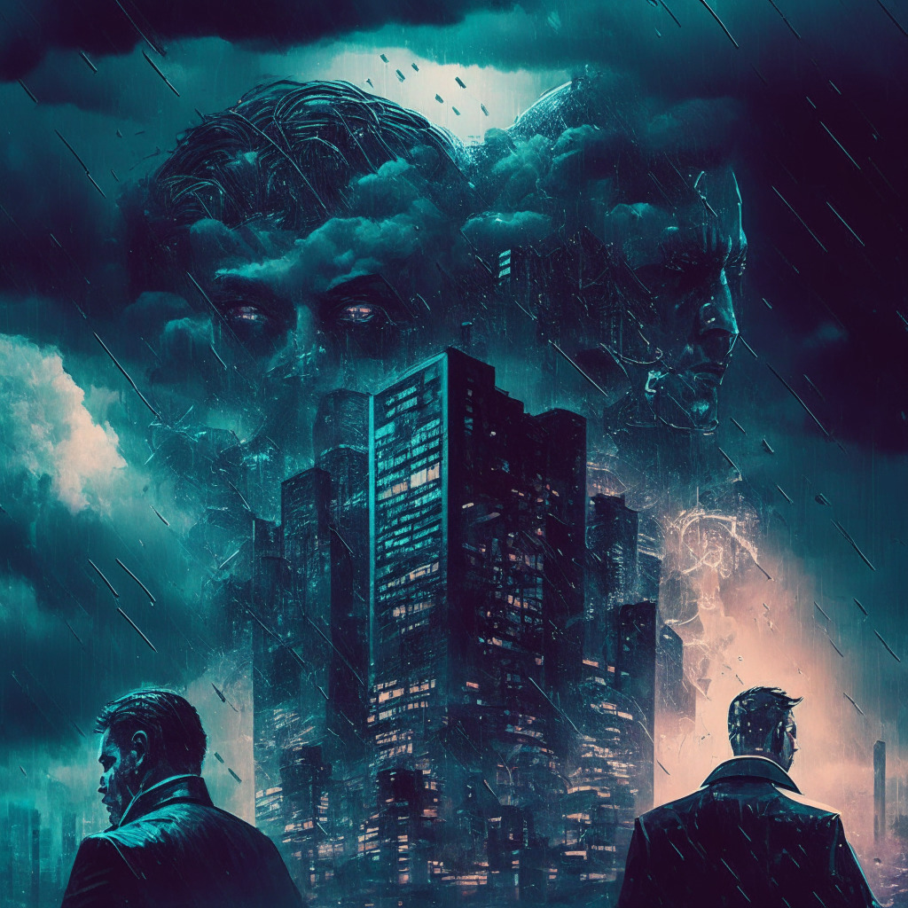 Cryptocurrency chaos, contrasting city skylines, uncertain expressions on leaders' faces, stormy cloud over SEC building, digital light particles enveloping a regulation book, dimly lit scene, cyberpunk artistic style, tense atmosphere, contrasting colors representing differing opinions.
