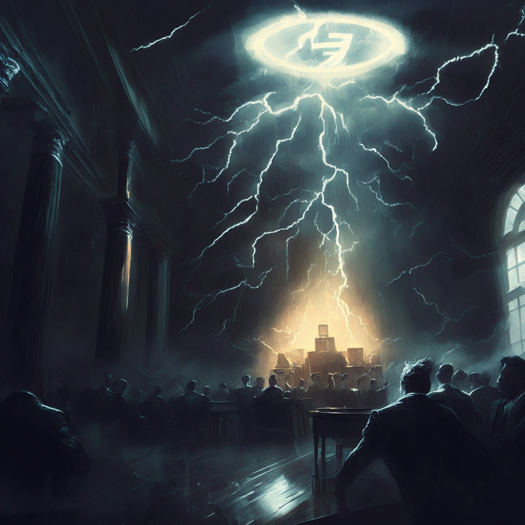 Cryptocurrency storm, Binance CEO summoned, dark courtroom, SEC lawsuit, altcoins plunging, tokens losing value, swirling chaos. Artistic style: dramatic chiaroscuro, Mood: unease and uncertainty, Light setting: dimly lit with flashes of lightning, emphasizing the volatility of the crypto market.