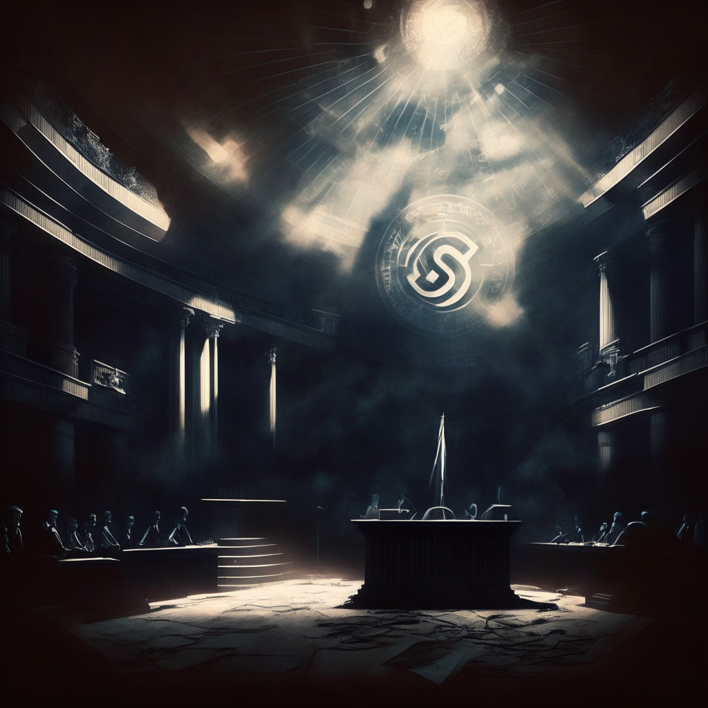Dark, shadowy courtroom, SEC logo, judgment scale, tangled crypto symbols, sunrays breaking through clouds, tense atmosphere, chiaroscuro lighting, muted colors, shining digital representations of USD, Euro, and Yen, contrasting opinions, sense of uncertainty