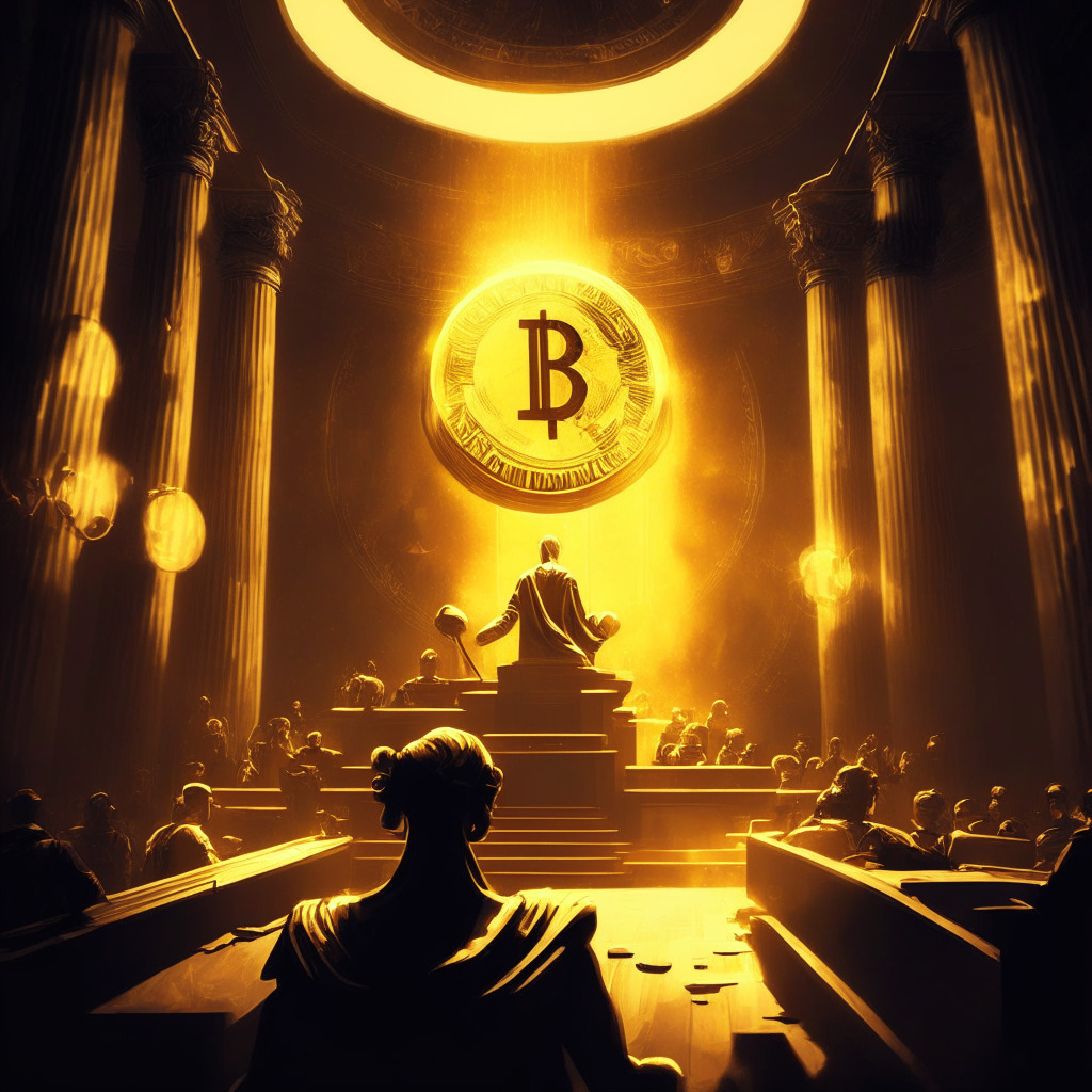 Dramatic courtroom standoff, golden cryptocurrency scales, gavel looming over Binance and Coinbase, NFT shield glowing in defiant hands, crypto community united, contrasting shadows and light, intense mood, determination for a decentralized future, hope for regulatory clarity, chiaroscuro style.