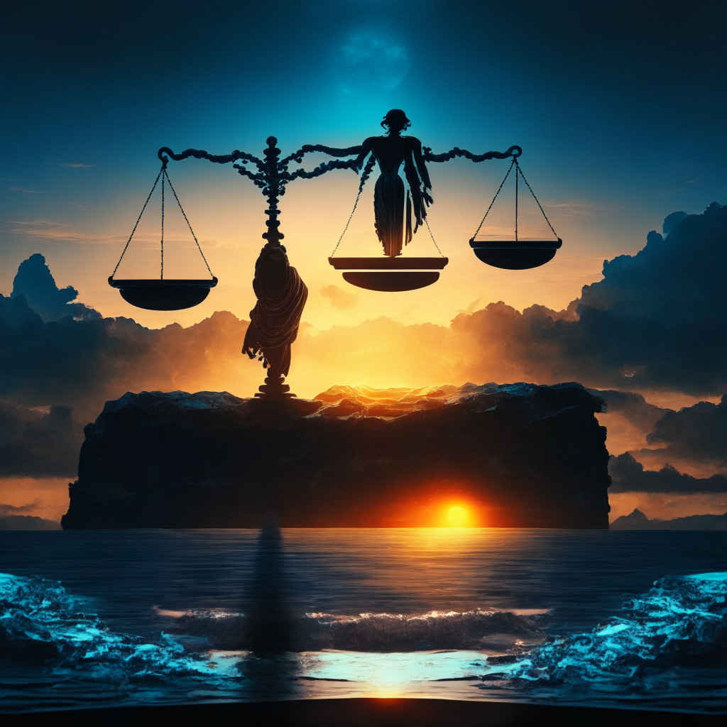 Justice scales over turbulent crypto sea, sun setting on blockchain horizon, chiaroscuro lighting, ominous mood. SEC lawsuits, imposing silhouettes of Coinbase & Binance, cryptocurrencies in moments of decline. Balancing regulation & innovation, global repercussions, DeFi grasping for hope in darkness.