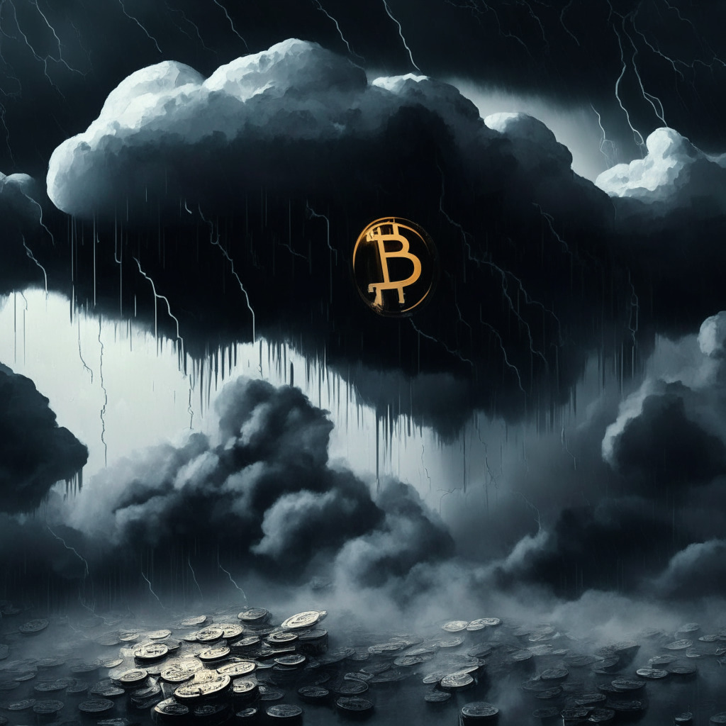 Cryptocurrency market turmoil, dark cloudy atmosphere, an exodus of funds, artistic impressions of Binance and Coinbase with no logos, SEC shadow looming large, distressed tokens including BNB, ADA, and MATIC plunging, stormy mood, traders withdrawing funds and stepping back from platforms, hint of a crypto-only future.