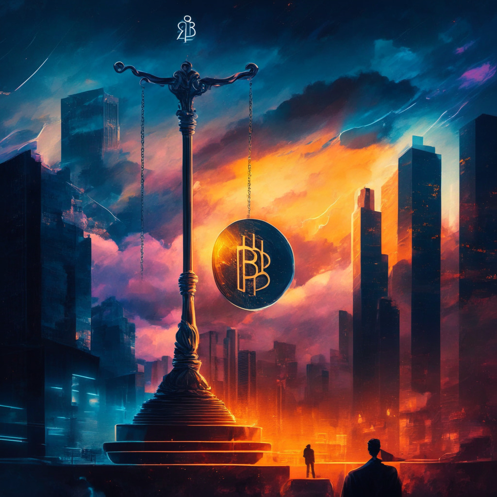 Cryptocurrency court battle, SEC lawsuits against Coinbase and Binance, intricately balanced scales of justice, contrasting twilight and daylight skies, dynamic brushstrokes, warm and cool colors, underlying tension, blurred cityscape background with digital asset logos, sense of anticipation and debate