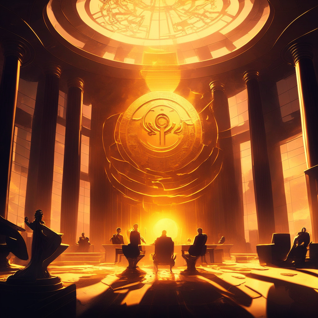 Futuristic courtroom with SEC vs. Crypto exchanges theme, intense mood, expressive chiaroscuro lighting, baroque style, central figure representing legal conflict, meme coins floating chaotically, market volatility illustrated by fluctuating curves, sunset casting dramatic golden glow, potential risks and rewards hidden in shadows.