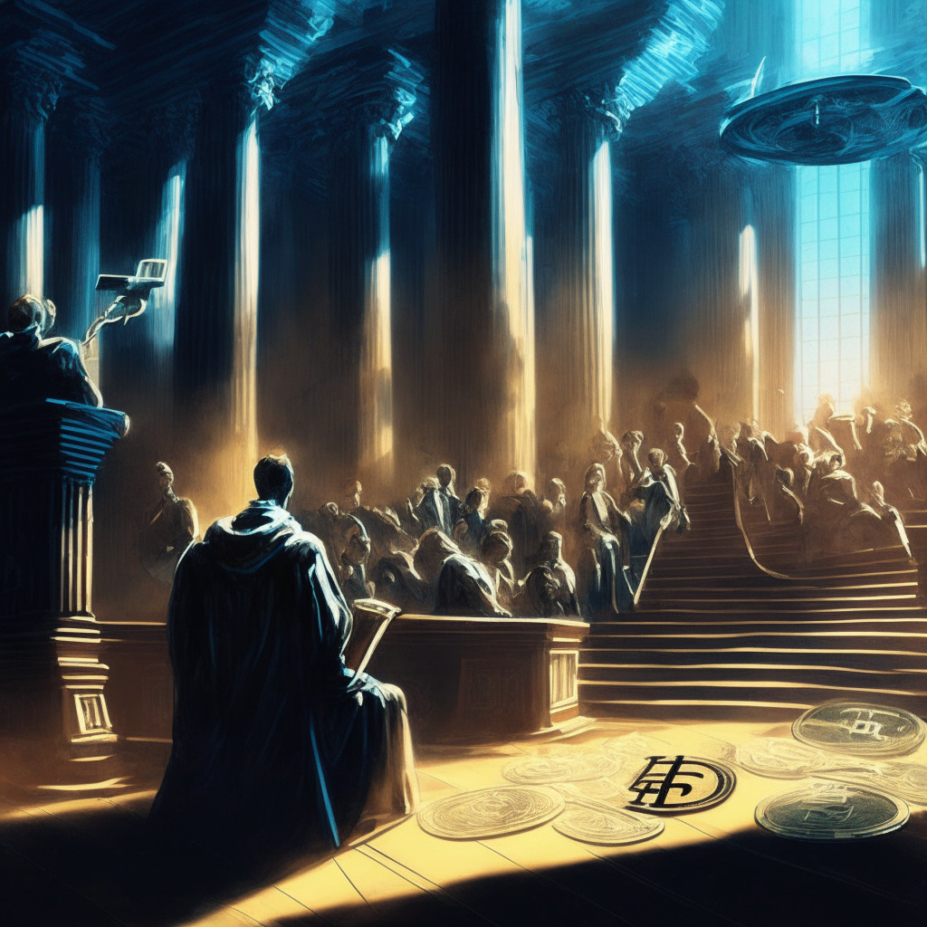 Cryptocurrency showdown at courtroom steps, gavel & digital tokens entwined, scale of justice balancing security & commodity labels, moody contrasting light capturing tense atmosphere, brushstrokes alluding to evolving regulatory framework, analysts debating in shadowy corners, ripple effect looming.