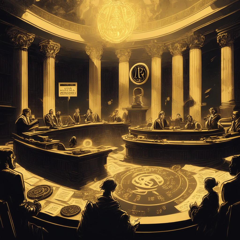 Intricate crypto courtroom scene, SEC and blockchain experts debating, mix of Baroque and Modern art styles, dimly lit setting with spotlight on key debaters, engraved golden coins with symbols of ADA, CHZ, SOL, AXS, FIL, ICP, FLOW, NEAR, MATIC, VGX, SAND, and DASH, tense and contemplative mood.
