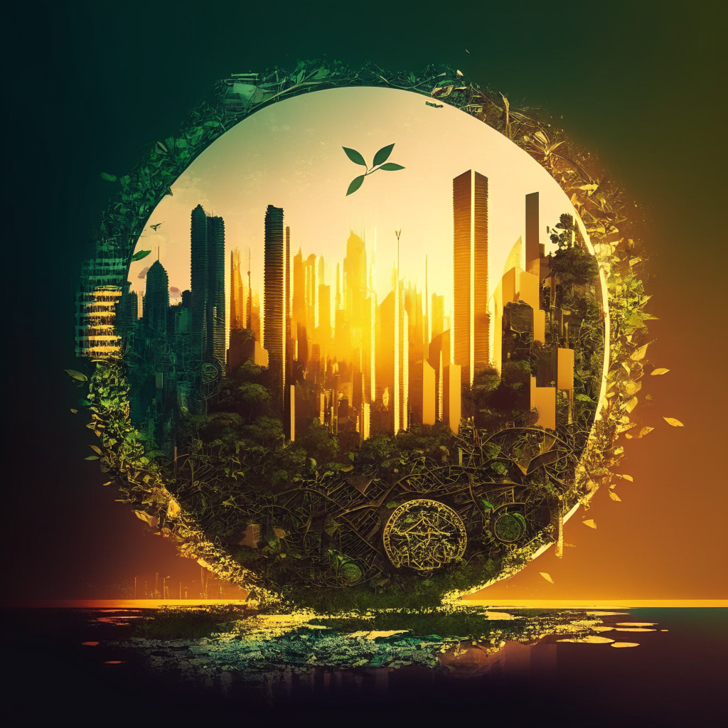 Intricate cityscape, light vs dark contrast, Ecoterra thriving, tokens and recycling symbols, warm sunset glow, modern artistic style, sustainability theme, dramatic shadows, hopeful mood, visualizing green cryptocurrency impact, hint of regulatory obstacles, nature and technology harmony.