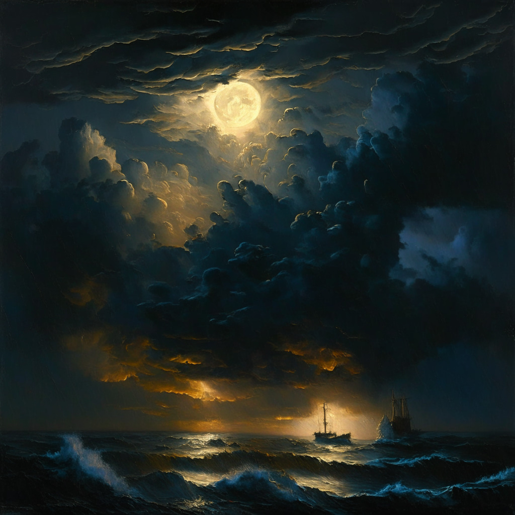 A stormy twilight scene: SEC scrutiny as dark clouds hover, crypto space lit by slivers of moonlight, Prometheum emerging mysteriously on the horizon, tense mood, baroque-style oil painting, crucial 36-hour countdown, fleeting hope amidst turmoil, sun (or moon) rays reflecting on a regulatory legal scale.