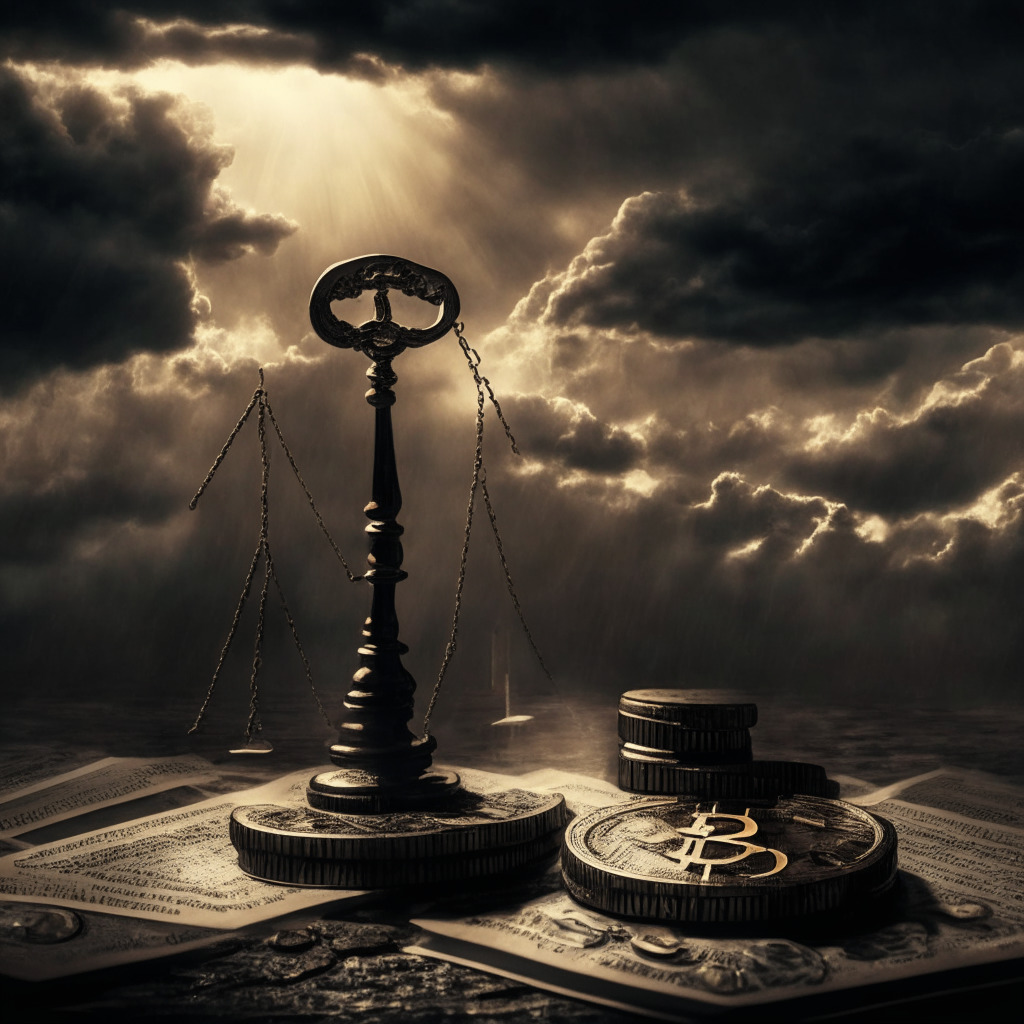 Cryptocurrency standoff, court request, dark clouds over skyline, tension in the air, dimly lit scene, digital coin and gavel, contrasting light and shadow, intricate legal web, uncertain regulatory atmosphere, sepia-toned, solemn mood, chiaroscuro effect, tangle of legal documents, contrasting positions.