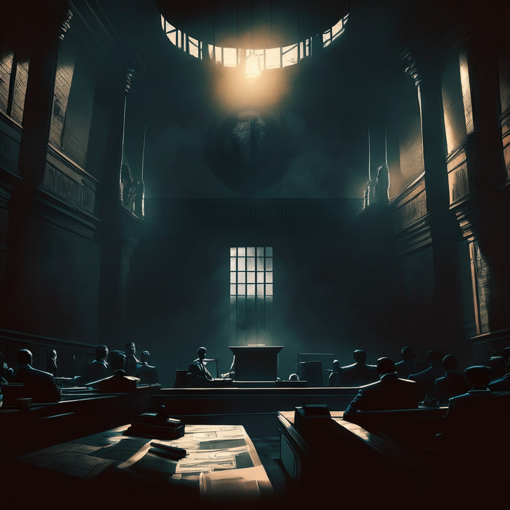 Dark, ominous courtroom scene, intense spotlight on SEC and crypto exchanges, contrast of shadows and light, vivid juxtaposition of virtual currency symbols & legal documents, stormy atmosphere symbolizing conflict, underlying tone of tension and uncertainty, pivotal moment in crypto regulation.
