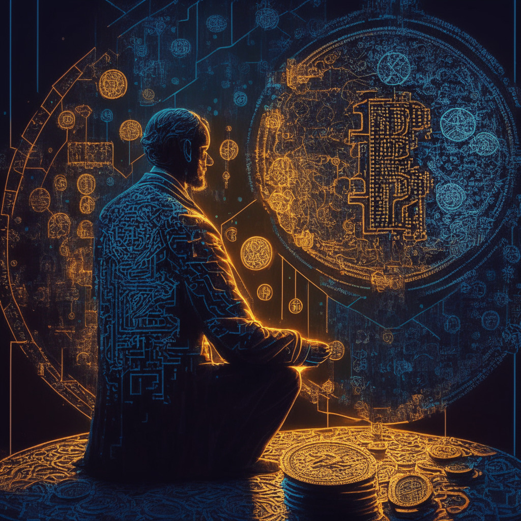 Intricate blockchain design, cryptocurrency coins embossed with Cardano, Solana, Polygon symbols, SEC figure balancing scales of innovation & regulation, a worried investor observing, twilight lighting, chiaroscuro style, a blend of warm & cool colors, contemplative mood, tense atmosphere.