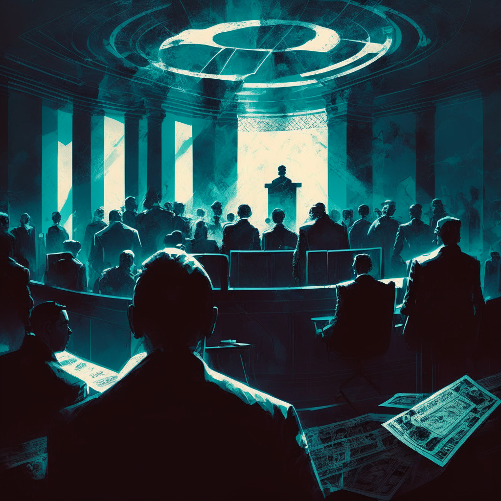 Cryptocurrency storm, SEC targeting Solana, Polygon, Cardano, shadowy figures in courtroom, anxious investors in background, contrasting light & shadows, chiaroscuro style, tension & uncertainty, determination across faces, collaborative efforts, technological innovation theme, subdued color palette.