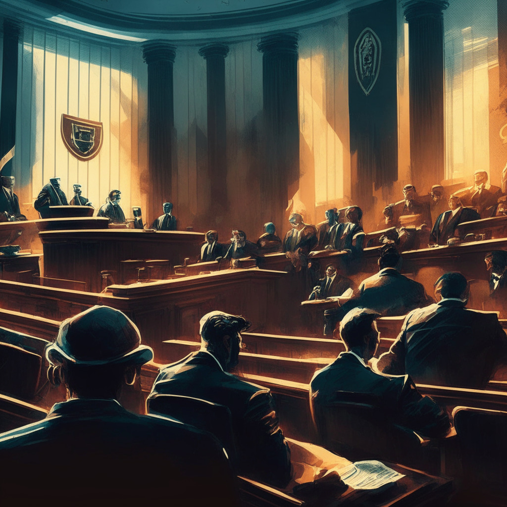 Intricate courtroom scene, federal judge denying temporary restraining order, tense SEC vs Binance.US negotiations, hazy distinction between crypto assets and securities, subdued lighting, dramatic expressions, conflicting emotions, overall mood of uncertainty and anticipation.