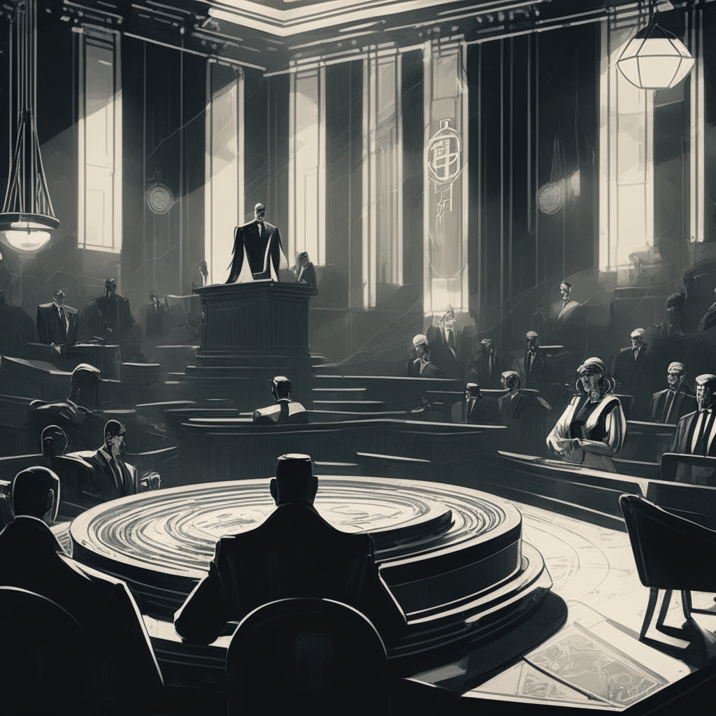 Intricate legal scene in an art-deco courtroom, SEC lawyers and Binance representatives in tense negotiation, blockchain imagery and cryptocurrencies in the background, a balance scale teetering, soothing ambient lighting, grayscale tones enhancing a somber mood, hint of uncertainty looming over the future of crypto regulation and blockchain technology.