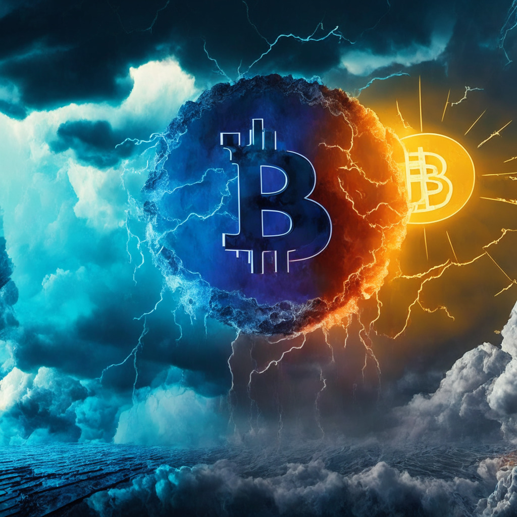 Cryptocurrency exchange controversy, SEC lawsuit, intricate balance of power, Regulation vs. Innovation, shadows & light, uncertain outcome, abstract legal imagery, stormy clouds over digital world, contrasting bold colors, mood of tension & apprehension, global regulatory battle.