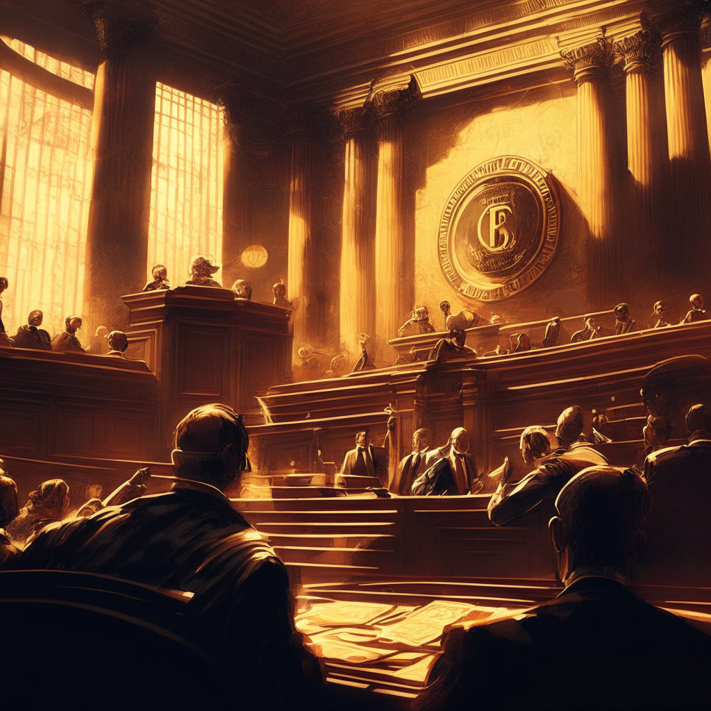 Intricate courtroom scene, SEC and Binance.US representatives negotiating, soft golden light, Baroque style, tense atmosphere, U.S. District Judge overseeing discussion, background alluding to cryptocurrencies, opposing forces finding common ground, subtlety hinting at AI regulation.