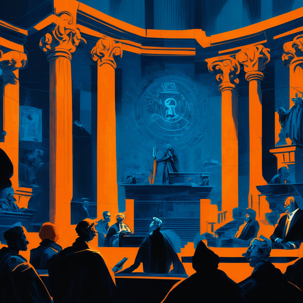 Intricate courtroom scene, opposing figures in debate, SEC and Coinbase representatives, dimly lit background, contrasting blue and orange colors, Renaissance-style painting, sense of tension, digital currency symbols subtly interwoven, a looming scale representing investor protection, balance and regulatory debate, uncertain future atmosphere.