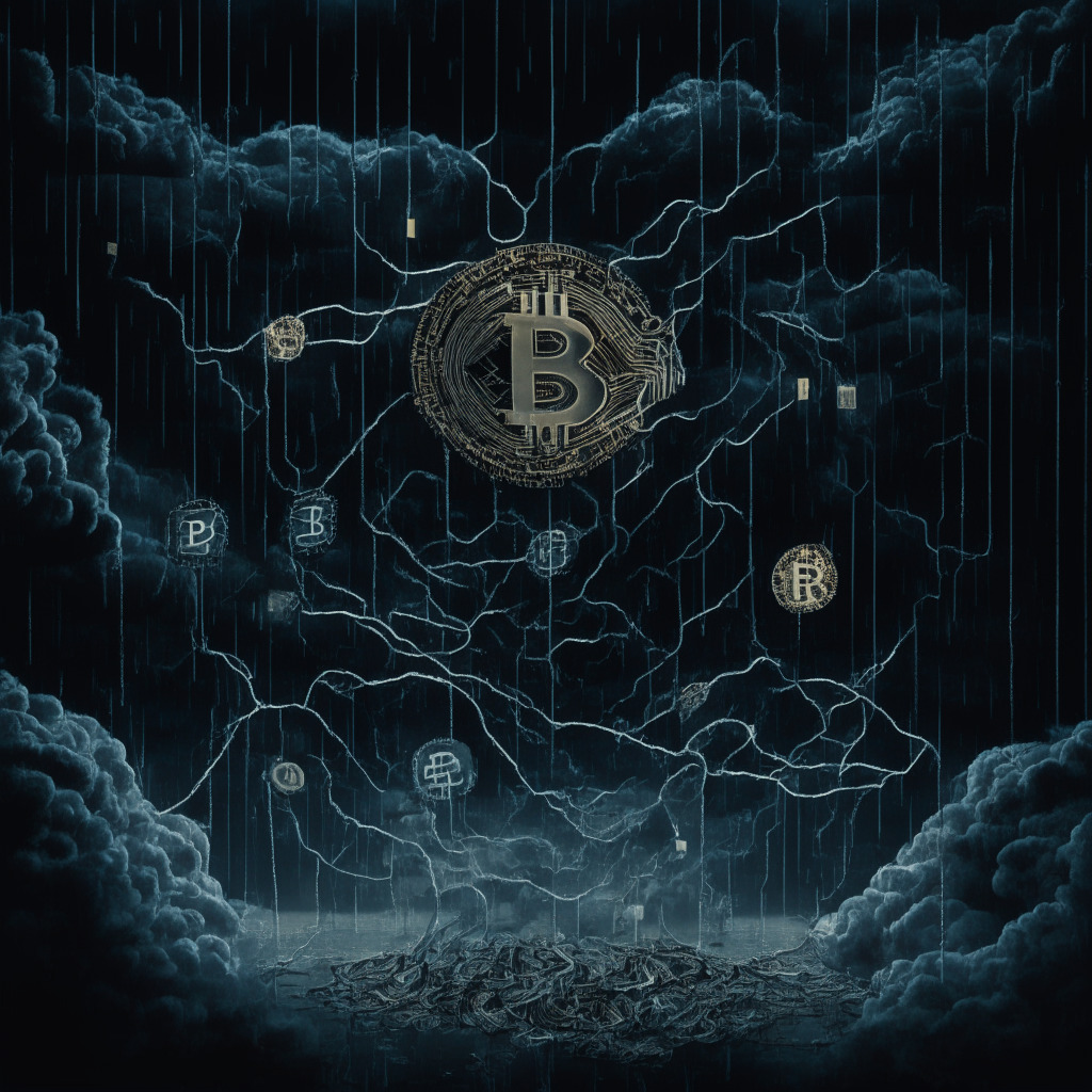 Intricate blockchain network, SEC regulators, and Coinbase intertwined, abstract currency symbols, dark atmosphere symbolizing uncertainty, chiaroscuro lighting emphasizing tension, emotive stormy skies, contrasting modern and traditional elements, visualization of innovation-vs-regulation debate, somber mood reflecting industry challenges.