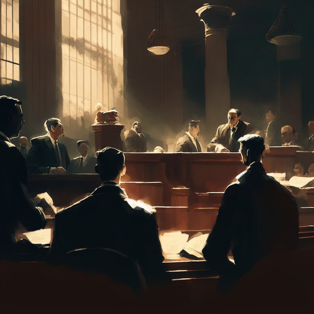 Intricate courtroom scene, SEC and Coinbase representatives debating, balance and scale in the background, warm lighting with soft shadows, impressionist style, somber mood, tension between innovation and regulation, focus on dialogue and facial expressions, diverse onlookers with mixed opinions.