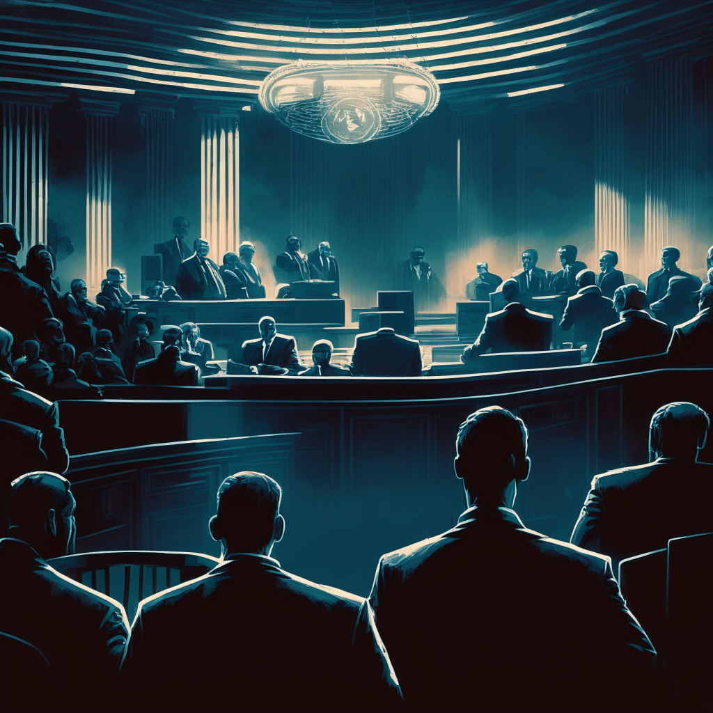 Cryptocurrency regulation battle, US SEC vs crypto exchange backdrop, dimly lit courtroom scene, contrasting shadows and light, unyielding expressions on SEC officials and Coinbase representatives, somber mood, looming uncertainty, digital tokens subtly incorporated, complex network of blockchain connections, underlying tension.
