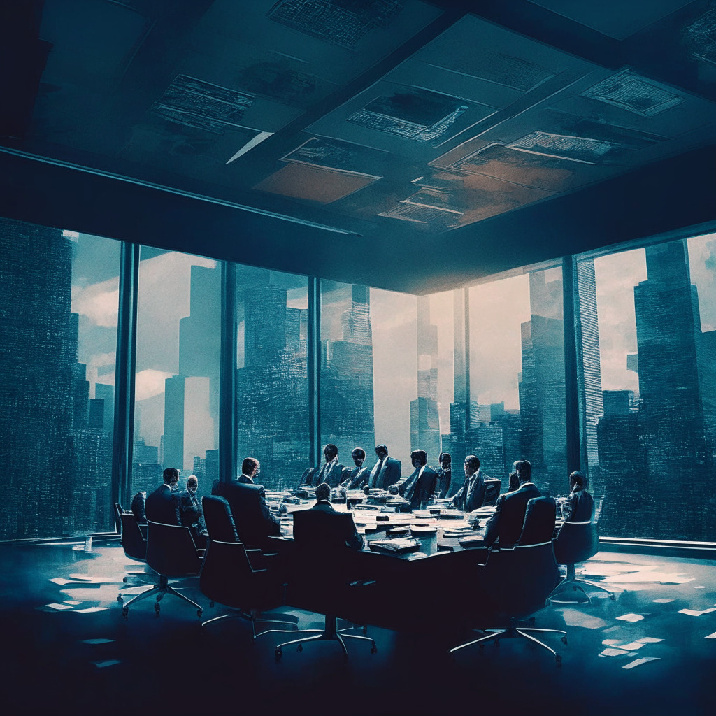 Elevated Manhattan conference room, crypto lawyers and journalists, SEC vs Coinbase debate, intense mood, contrasting perspectives on regulation vs innovation, hints of legislative process, enforcement of existing law over unwritten future, subtle warm lighting, dynamic artistic style.
